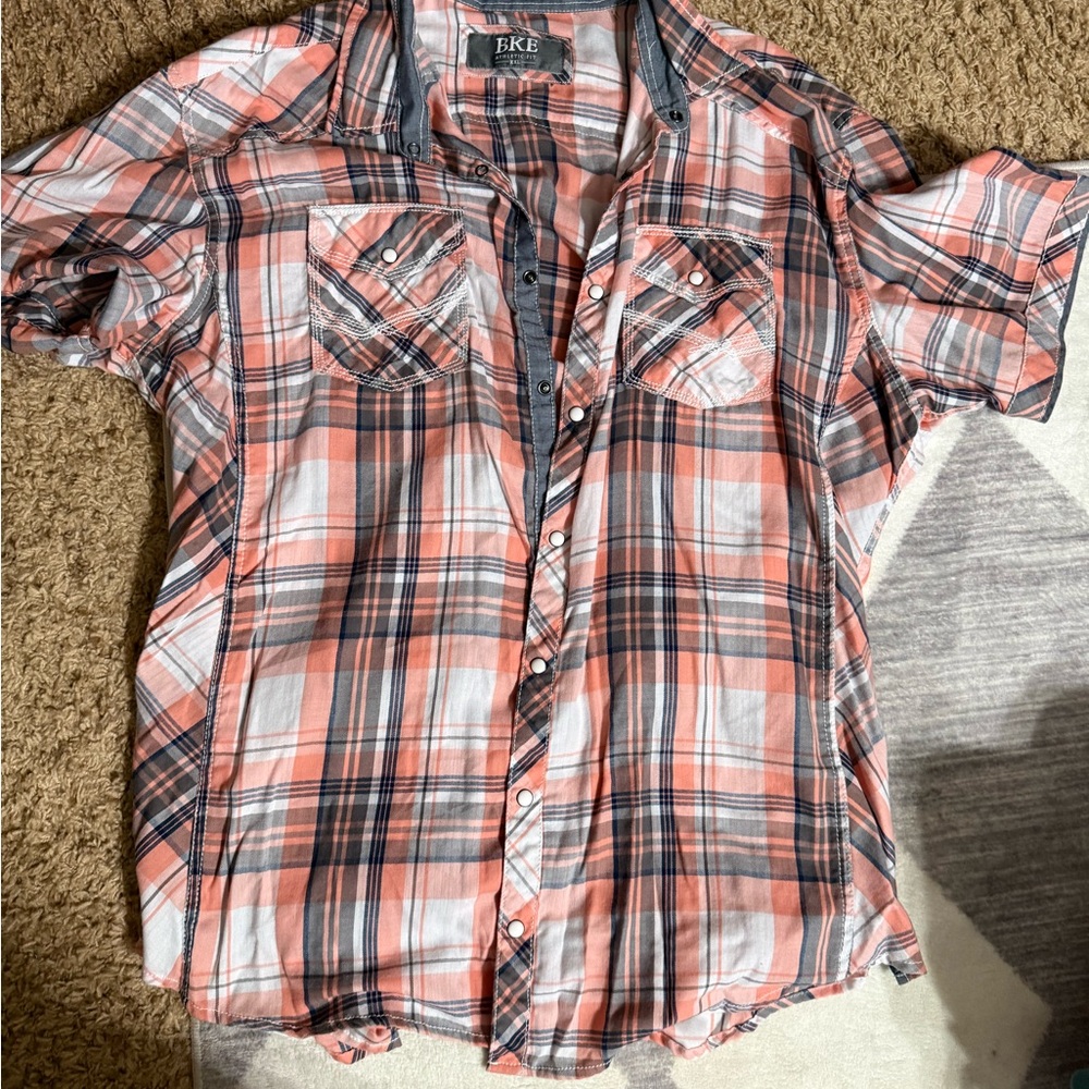 BKE Coral and Gray Plaid Shirt